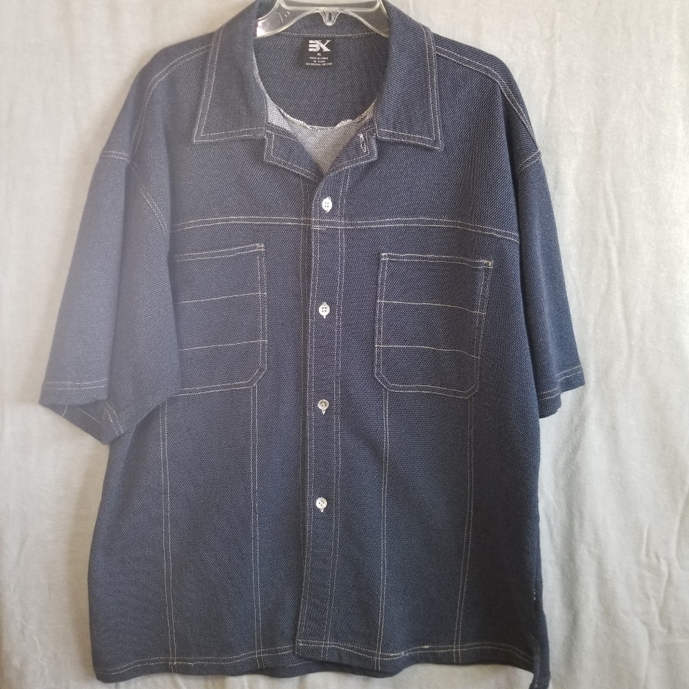 Boom-X Men's XL Shirt‎ Button-Up Navy Blue Short Sleeve Polyester Cotton Casual